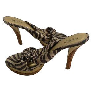 Vintage Guess by Marciano Zebra Gold Lame & Natural Cork Size 7.5 M Heels